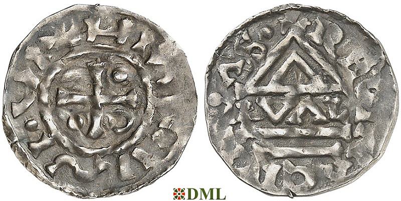 Денарий, Германия, Бавария, Heinrich II (985–995), м.д. Regensburg, монетарий GVΛL, Hahn 1976, 22d1