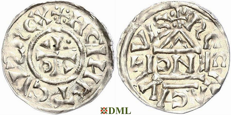 Денарий, Германия, Бавария, Heinrich II (1002-1024), м.д. Regensburg, монетарий ENCI, Hahn 1976, 27d2