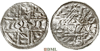 Денарий, Германия, Бавария, Heinrich V (1018-1026), м.д. Regensburg, монетарий ONA, Hahn 1976, 31b6.