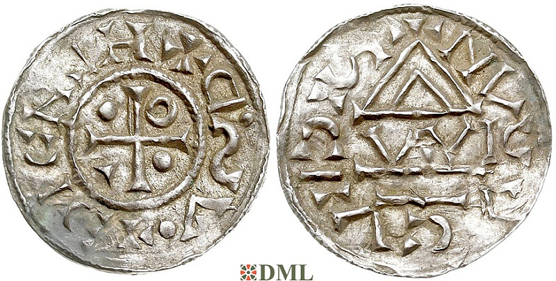 Денарий, Германия, Бавария, Heinrich IV (995-1002), м.д. Regensburg, монетарий WI, Hahn 1976, 25e3