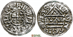 Денарий, Германия, Бавария, Heinrich II (955-995), м.д. Regensburg, монетарий GVΛL, Hahn 1976, 22d1.1