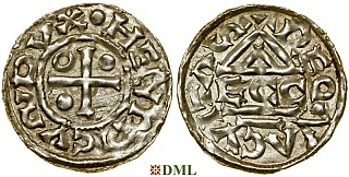 Денарий, Германия, Бавария, Heinrich II (985-995), м.д. Regensburg, монетарий ECCO, Hahn 1976, 22b2.2