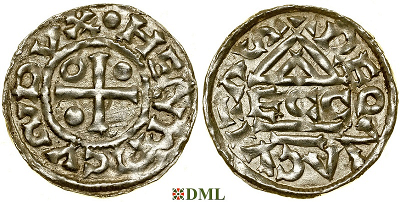 Денарий, Германия, Бавария, Heinrich II (985-995), м.д. Regensburg, монетарий ECCO, Hahn 1976, 22b2.2
