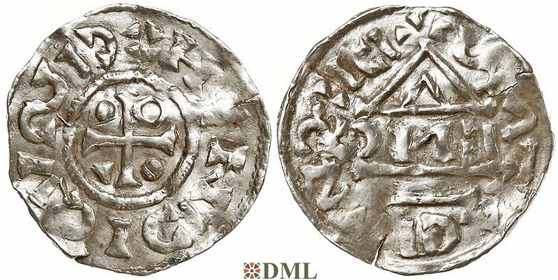 Денарий, Германия, Бавария, Heinrich IV (995-1002), м.д. Regensburg, монетарий EИC, Hahn 1976, 25c6.2