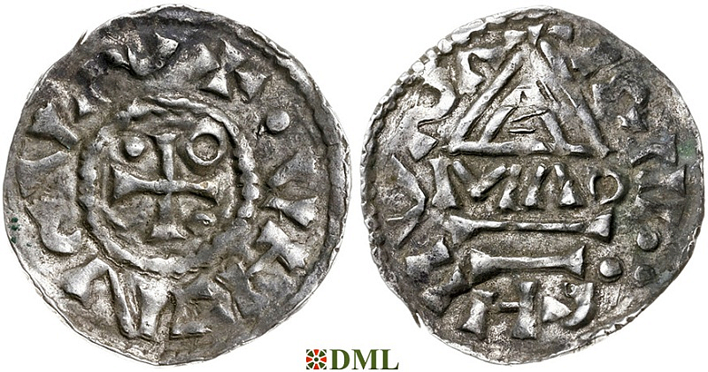 Денарий, Германия, Бавария, Heinrich II (955-995), м.д. Regensburg, монетарий MΛO, Hahn 1976, 22f1.3