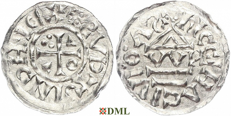 Денарий, Германия, Бавария, Heinrich II (1002-1024), м.д. Regensburg, монетарий OWИ, Hahn 1976, 27j1