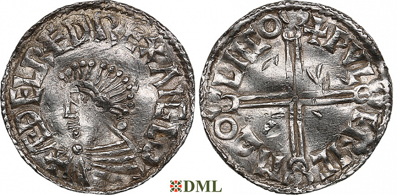 Денарий, Англия, Æthelred II (978-1016), м.д. Lincoln, монетарий Wulfric, North 774