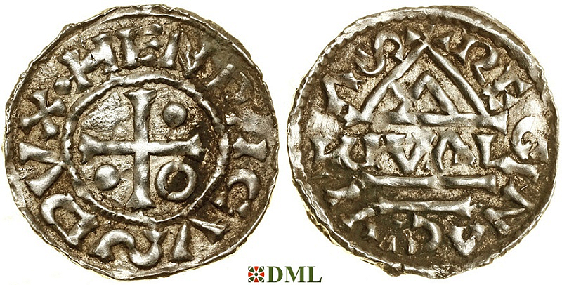 Денарий, Германия, Бавария, Heinrich II (985–995), м.д. Regensburg, монетарий GVΛL, Hahn 1976, 22d1.2