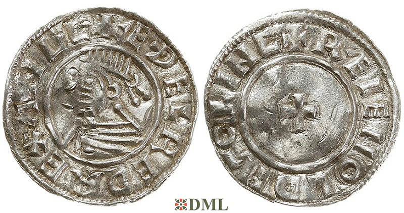 Денарий, Англия, Æthelred II (978-1016), м.д. Lincoln, монетарий Ræinald, North 777