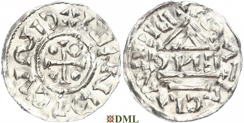 Денарий, Германия, Бавария, Heinrich IV (995-1002), м.д. Regensburg, монетарий EИC, Hahn 1976, 25c6