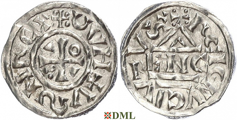 Денарий, Германия, Бавария, Heinrich II (1002-1024), м.д. Regensburg, монетарий ENC, Hahn 1976, 27d6
