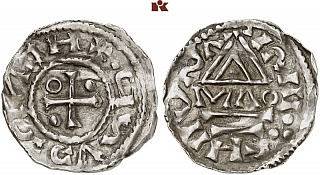 Денарий, Германия, Бавария, Heinrich II (985–995), м.д. Regensburg, монетарий MΛO, Hahn 1976, 22f1