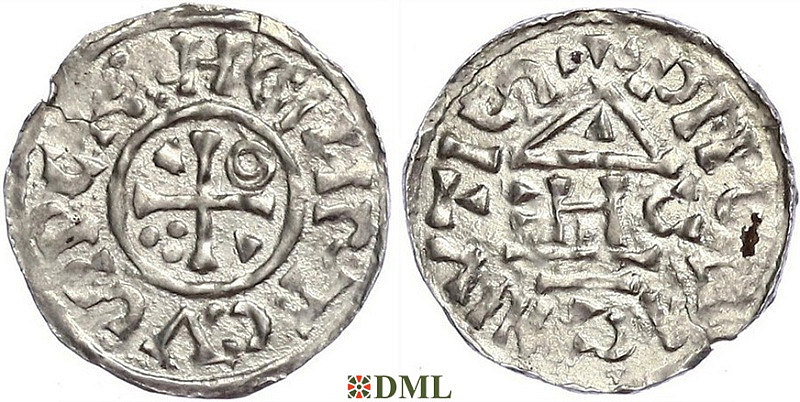 Обол, Германия, Бавария, Heinrich II (1002-1024), м.д. Regensburg, монетарий EHCO, Hahn 1976, 28d8