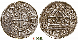 Денарий, Германия, Бавария, Heinrich II (985–995), м.д. Regensburg, монетарий GVΛL, Hahn 1976, 22d1.1