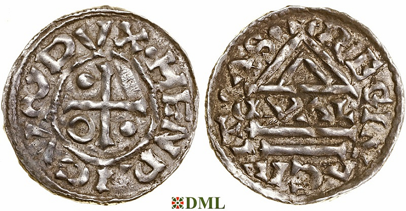 Денарий, Германия, Бавария, Heinrich II (985–995), м.д. Regensburg, монетарий GVΛL, Hahn 1976, 22d1.1