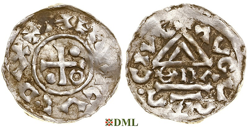 Денарий, Германия, Швабия, Heinrich II (985-995), м.д. Augsburg, монетарий θDɅ, Hahn 1976, 137a2.2