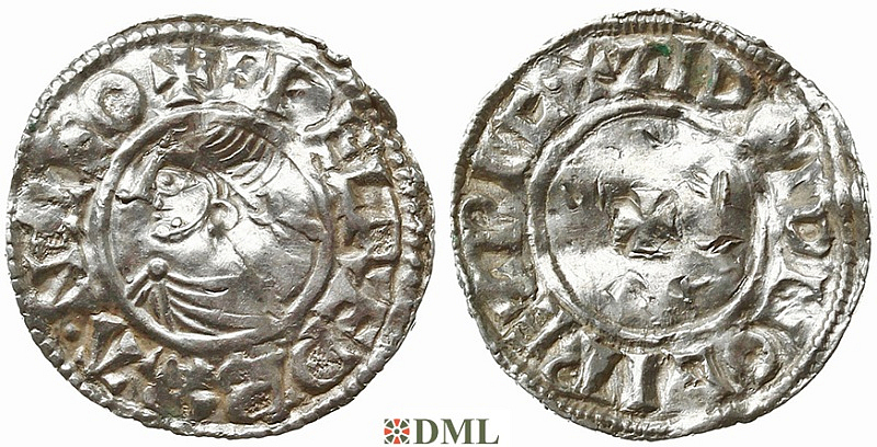 Денарий, Англия, Æthelred II (978-1016), м.д. Ipswich, монетарий Siwold, North 777