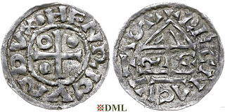 Денарий, Германия, Бавария, Heinrich II (955-995), м.д. Regensburg, монетарий ∾IC, Hahn 1976, 22g1.2