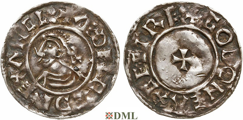 Денарий, Англия, Æthelred II (978-1016), м.д. Exeter, монетарий Goda, North 777