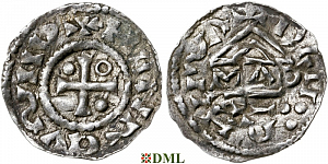 Денарий, Германия, Бавария, Heinrich II (955-995), м.д. Regensburg, монетарий MΛO, Hahn 1976, 22f1