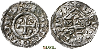 Денарий, Германия, Бавария, Heinrich II (955-995), м.д. Regensburg, монетарий MΛO, Hahn 1976, 22f1