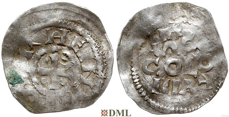 Денарий, Германия, Нижняя Лотарингия, Heinrich II (1002-1024), м.д. Koln, Dbg. 350