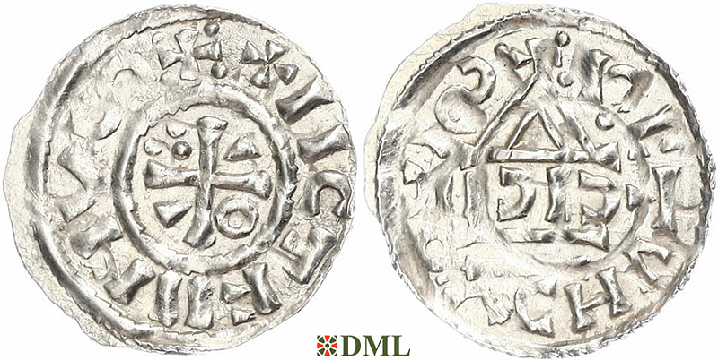 Денарий, Германия, Бавария, Heinrich II (1002-1024), м.д. Regensburg, монетарий ICIC, Hahn 1976, 27b2