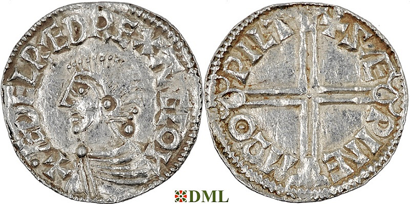 Денарий, Англия, Æthelred II (978-1016), м.д. Wilton, монетарий Sæwine, North 774