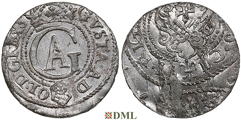 Шиллинг (солид), Швеция, Рига (город), Густав II Адольф (1611-1632), м.д. Рига, минцмейстер Martin Wulff II, 1622 г., Haljak 1466