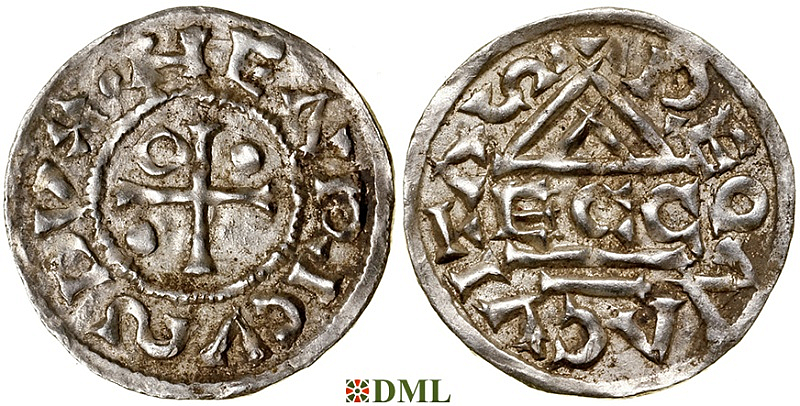 Денарий, Германия, Бавария, Heinrich II (985-995), м.д. Regensburg, монетарий ECCO, Hahn 1976, 22b2.2