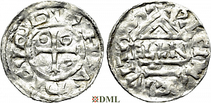 Денарий, Германия, Бавария, Heinrich II (985–995), м.д. Regensburg, монетарий ELLN, Hahn 1976, 22c2