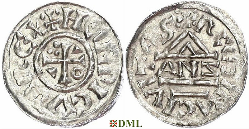 Денарий, Германия, Бавария, Heinrich II (1002-1024), м.д. Regensburg, монетарий ANZO, Hahn 1976, 27a2