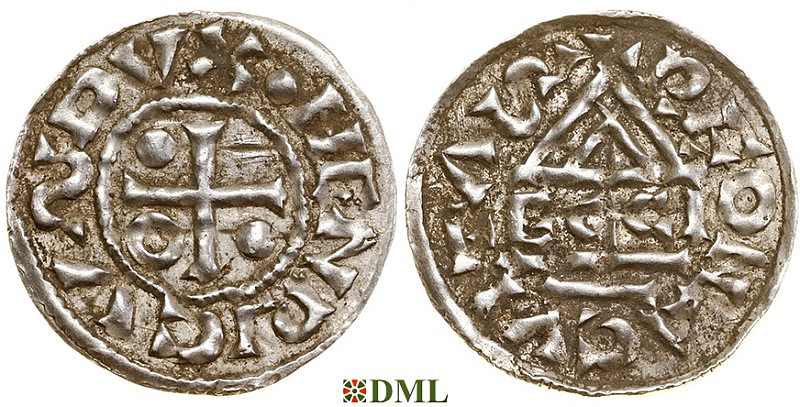 Денарий, Германия, Бавария, Heinrich II (985-995), м.д. Regensburg, монетарий ECCIO, Hahn 1976, 22b1