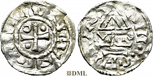 Денарий, Германия, Бавария, Heinrich II (985–995), м.д. Regensburg, монетарий MAO, Hahn 1976, 22f1