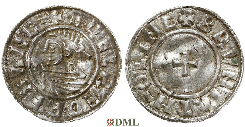 Денарий, Англия, Æthelred II (978-1016), м.д. Lincoln, монетарий Bruntat, North 777
