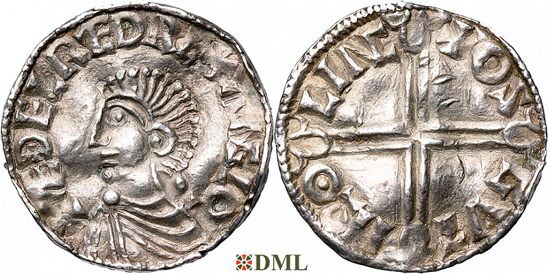 Денарий, Англия, Æthelred II (978-1016), м.д. Lincoln, монетарий Osgod, North 774