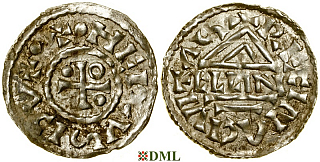 Денарий, Германия, Бавария, Heinrich II (985–995), м.д. Regensburg, монетарий ELLIN, Hahn 1976, 22c1