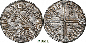 Денарий, Англия, Æthelred II (978-1016), м.д. London, монетарий Wulfwine, North 775
