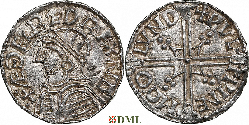 Денарий, Англия, Æthelred II (978-1016), м.д. London, монетарий Wulfwine, North 775