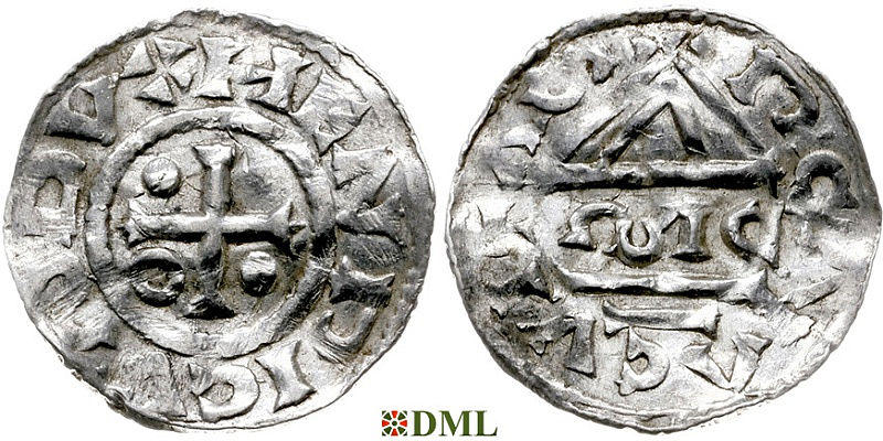 Денарий, Германия, Бавария, Heinrich II (955-995), м.д. Regensburg, монетарий ∾IC, Hahn 1976, 22g1.6