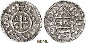 Денарий, Германия, Бавария, Heinrich II (985–995), м.д. Regensburg, монетарий MΛO, Hahn 1976, 22f1