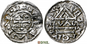 Денарий, Германия, Бавария, Heinrich II (955-995), м.д. Regensburg, монетарий GVΛL, Hahn 1976, 22d1.1