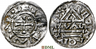 Денарий, Германия, Бавария, Heinrich II (955-995), м.д. Regensburg, монетарий GVΛL, Hahn 1976, 22d1.1