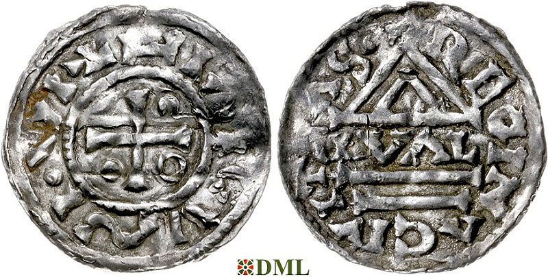 Денарий, Германия, Бавария, Heinrich II (955-995), м.д. Regensburg, монетарий GVΛL, Hahn 1976, 22d1.1