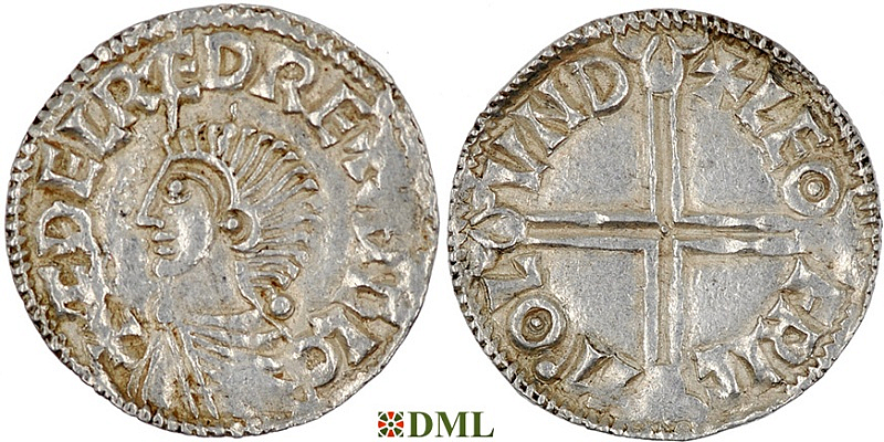 Денарий, Англия, Æthelred II (978-1016), м.д. London, монетарий Leofric, North 774