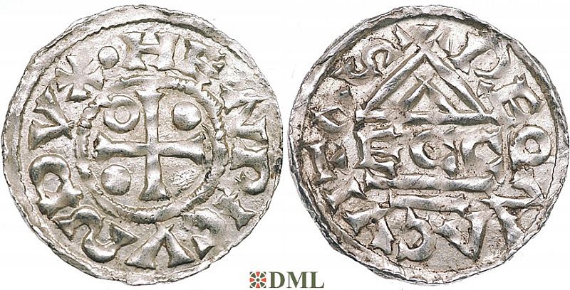Денарий, Германия, Бавария, Heinrich II (985-995), м.д. Regensburg, монетарий ECCO, Hahn 1976, 22b2.3
