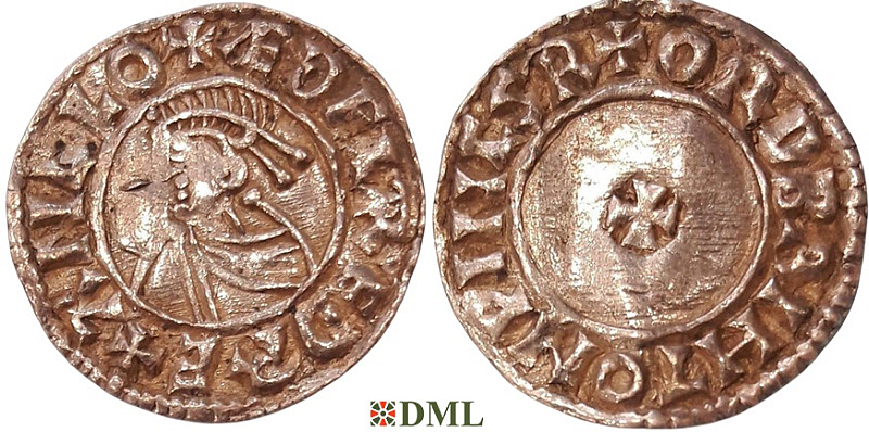 Денарий, Англия, Æthelred II (978-1016), м.д. Winchester, монетарий Ordbriht, North 777