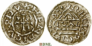 Денарий, Германия, Бавария, Heinrich II (985–995), м.д. Regensburg, монетарий GVΛL, Hahn 1976, 22d1.1