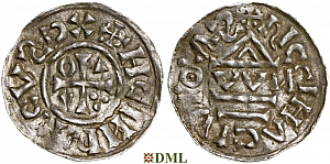 Денарий, Германия, Бавария, Heinrich II (1002-1024), м.д. Regensburg, монетарий OWИ, Hahn 1976, 27j1.1