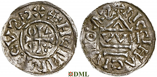 Денарий, Германия, Бавария, Heinrich II (1002-1024), м.д. Regensburg, монетарий OWИ, Hahn 1976, 27j1.1